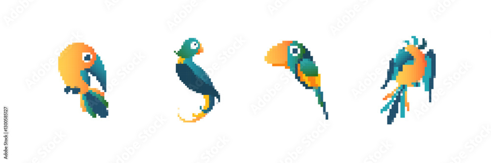 Four cartoon parrots are depicted in retro pixel art, each facing different directions left to right. Four cartoon parrots are depicted in retro pixel art, each facing different directions left to right.
