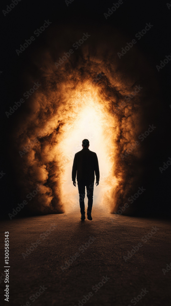 Obraz premium NDE Near Death Experience. Silhouette of a person walking towards a glowing opening in darkness.