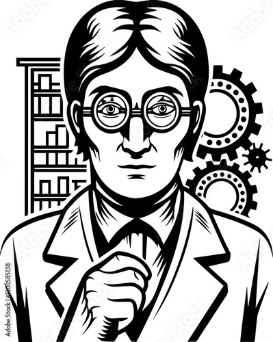 SVG vector showcases steampunk inventors and engineers. Vintage Scientist with Glasses and Mechanical Gears in Background