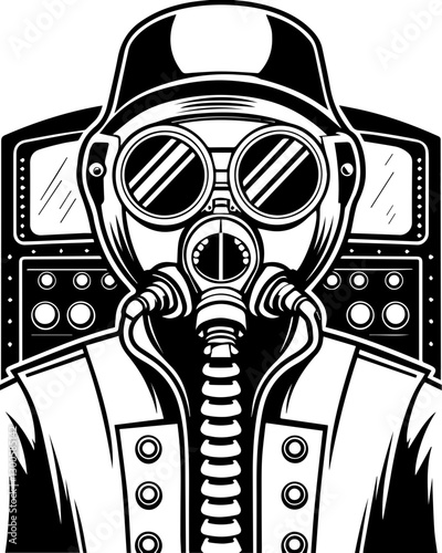 SVG vector showcases steampunk inventors and engineers. Vintage Pilot with Gas Mask and Aviator Goggles in Black and White