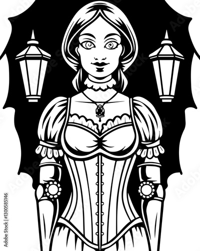 SVG vector showcases steampunk inventors and engineers. Vintage Gothic Woman Illustration with Lanterns in Black and White