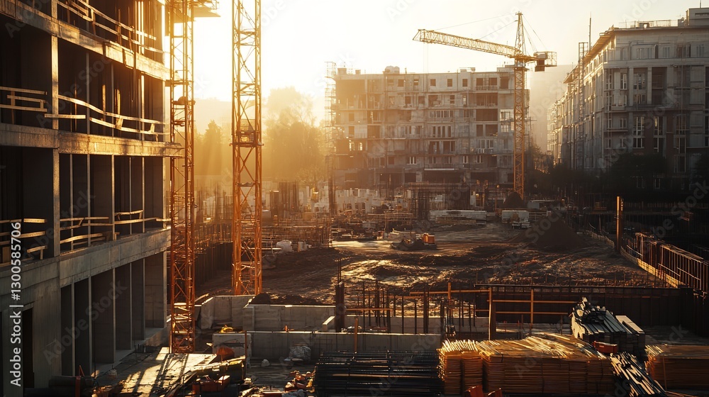 Naklejka premium Golden Hour Casts A Warm Glow On A Bustling Construction Site, Showcasing The Raw Energy Of Urban Development And The Ambitious Silhouettes Of Towering Buildings Under Construction