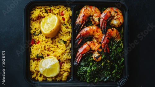 A high-end chef's take on a modern bento box meal, showcasing perfectly grilled shrimp with a light citrus glaze, arranged next to a bed of saffron-infused rice and crisp sautÃ©ed greens