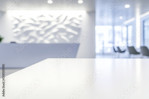 Sleek white rectangular wooden table with even lighting and blurred modern office reception area background featuring reception desk and waiting chairs
