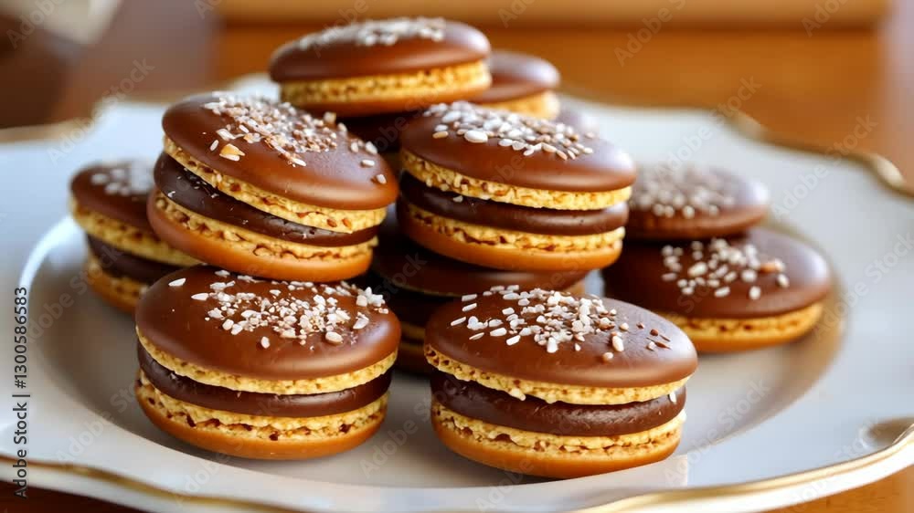 Delicious chocolate-filled cookies with a glossy glaze and sprinkles on a decorative plate Delicious chocolate-filled cookies with a glossy glaze and sprinkles on a decorative plate