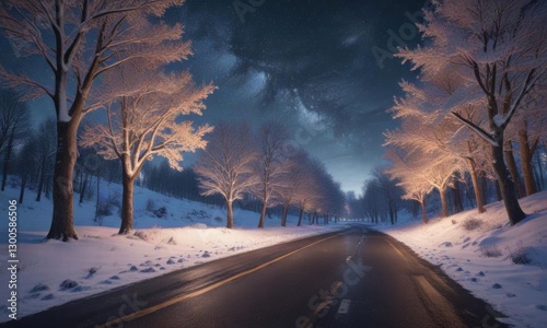 Road winding through snow-covered trees with radiant dawn and starry sky above,  night sky,  snowy trees