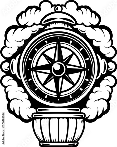 SVG vector features steampunk engineers, pirates, and adventurers. Vintage Compass Design Surrounded by Clouds in Black and White