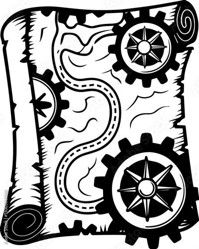 SVG vector features steampunk engineers, pirates, and adventurers. Vintage Style Map with Gears and Cogs for Creative Projects