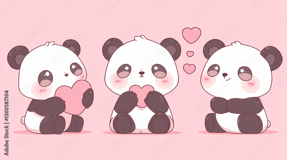 Obraz premium Cute cartoon pandas expressing love with hearts in a soft pink background, ideal for Valentine's themes