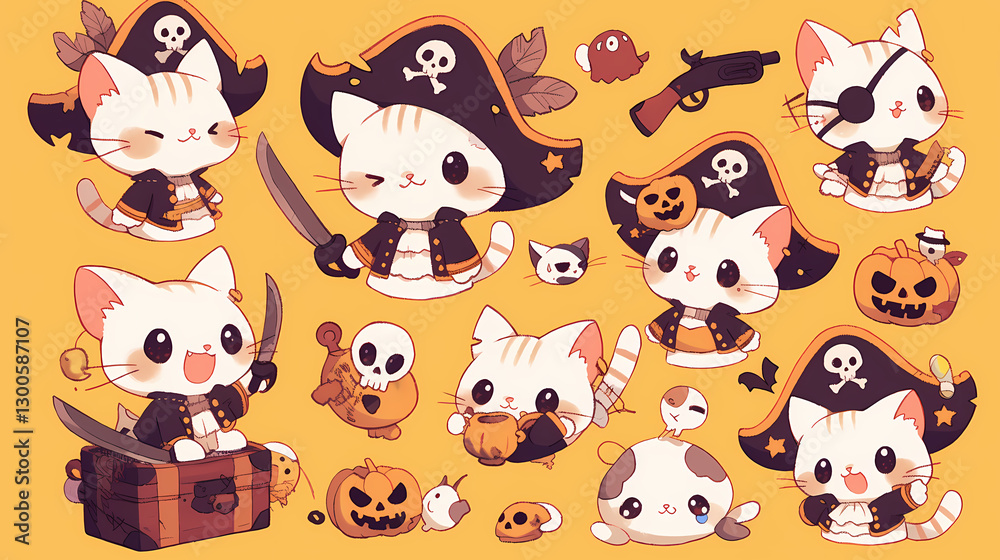 Fototapeta premium Playful pirate cats in a whimsical Halloween theme with pumpkins, skulls, and treasure chests