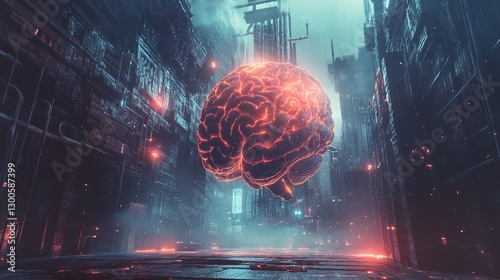 Wallpaper Mural A Colossal Glowing Brain Floats Over A Futuristic City Street, A Cyberpunk Vision Of Thought And Technology In A Neon-lit Dreamscape Torontodigital.ca