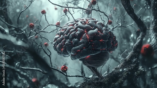 Wallpaper Mural A Burning Brain Nestled In A Frosty, Spectral Forest, A Chilling Testament To The Minds Fragility In A Surreal, Dark Digital Landscape Torontodigital.ca