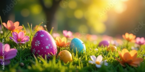 Sun-dappled garden, vibrant Easter eggs nestled in blooms, leaves, decoration, plants