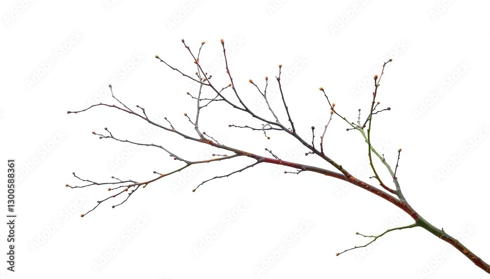 Delicate, bare branches isolated against a pure white backdrop, botanical, calm