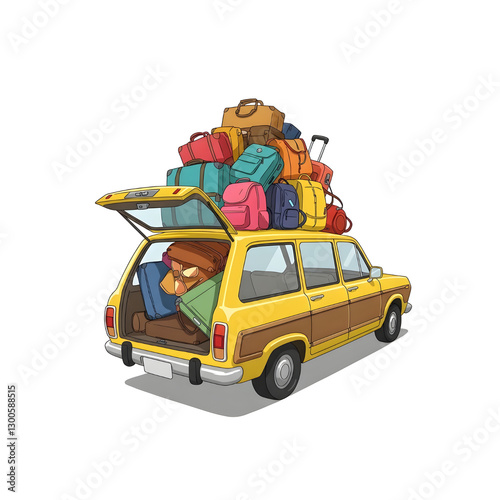 Yellow station wagon carrying luggage for summer vacation