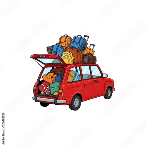 Red car fully loaded with luggage for summer vacation