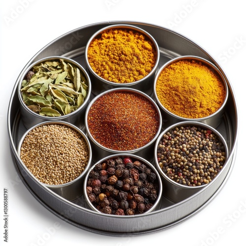 Fototapeta Naklejka Na Ścianę i Meble -  round spice tin with seven compartments filled with vibrant spices, including turmeric, curry powder, mustard seeds