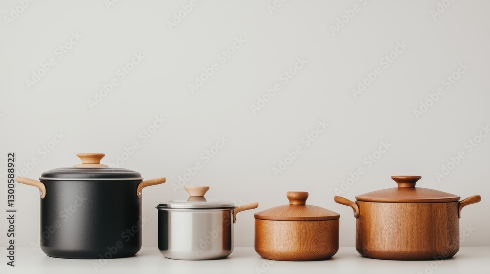 collection of modern cookware including wooden and stainless steel pots on white surface collection of modern cookware including wooden and stainless steel pots on white surface