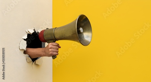 Man holds megaphone out of broken wall, making loud announcement