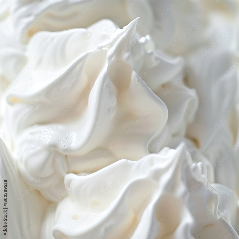 Macro shot of stiff, glossy whipped egg whites with intricate peaks and delicate folds. Macro shot of stiff, glossy whipped egg whites with intricate peaks and delicate folds.