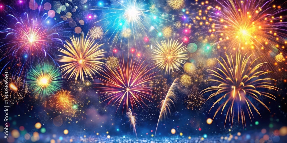 Naklejka premium Colorful fireworks exploding in the sky with glittering confetti falling down, festive, light show