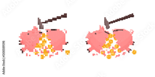 Two pixelated piggy banks breaking open with a hammer, revealing golden coins inside. Represents saving, finance, or spending money