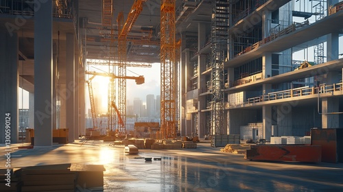 Wallpaper Mural Golden Hour Illuminates A Bustling Construction Site, Showcasing The Skeletal Framework Of A Modern Building Rising Against A City Skyline, Bathed In Warm Sunset Hues Torontodigital.ca