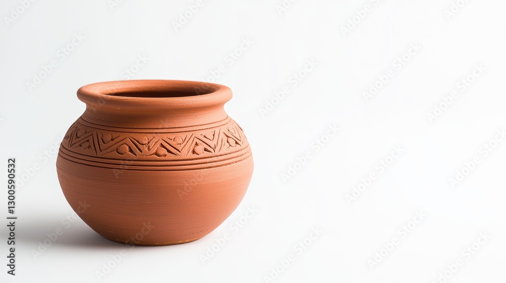 Traditional Indian clay water pot with intricate patterns on white background Traditional Indian clay water pot with intricate patterns on white background
