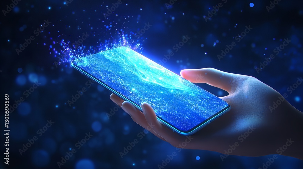 custom made wallpaper toronto digitalA Hand Gently Cradles A Smartphone Bursting With Vibrant, Ethereal Blue Energy, A Digital Universe Unfolding In A Dark, Cosmic Setting