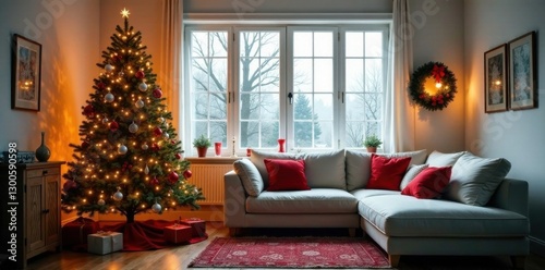 Decorated living room with festive Christmas tree and holly branches, snowflakes on the window , evergreen trees, winter wonderland