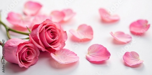 Delicate rose petals on soft white background, floral patterns, lace