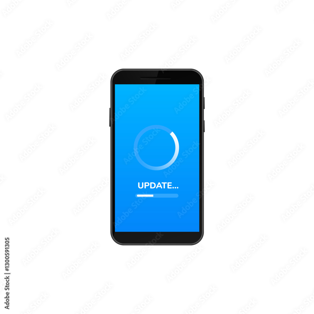 Smartphone shows a blue screen with a loading animation, indicating software update progress. Smartphone shows a blue screen with a loading animation, indicating software update progress.