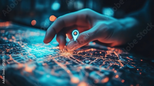 Wallpaper Mural A Finger Gently Touches A Glowing City Map, Pinpointing A Destination, A Journey Beginning Under Vibrant Neon Lights Torontodigital.ca