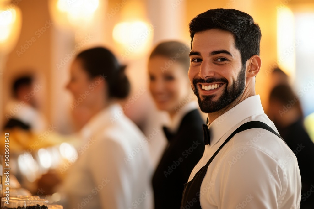 Fototapeta premium Event staff coordination with interaction composition and indoor lighting with space for text