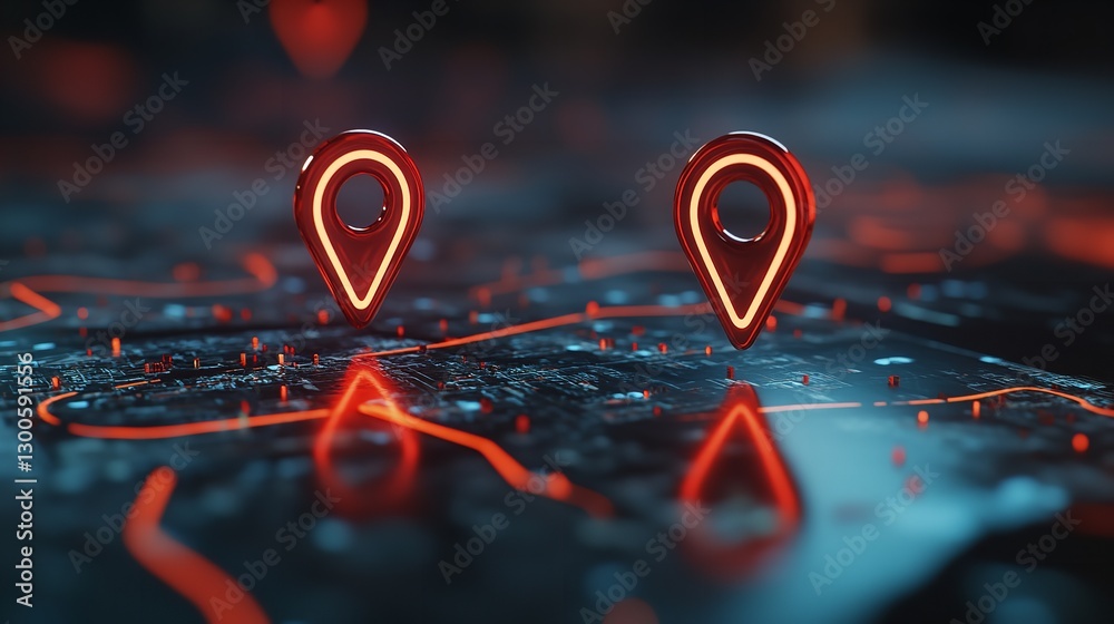 custom made wallpaper toronto digitalTwo Glowing Red Location Markers Pinpoint A Destination On A Dark, Futuristic Digital Map With Vibrant Neon Trails