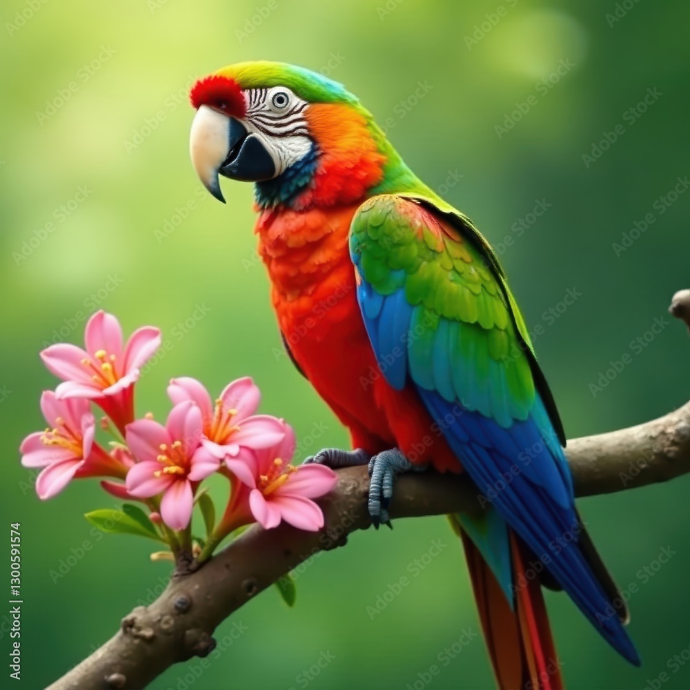 Vibrant parrot on flowering branch, soft focus background, blur, bokeh Vibrant parrot on flowering branch, soft focus background, blur, bokeh
