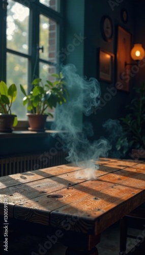 Empty wooden table with smoky haze, dimly lit surroundings, ambiance, smoke