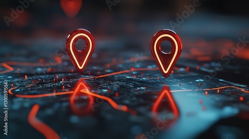 Wallpaper Mural Two Glowing Red Location Markers Pinpoint A Destination On A Dark, Futuristic Digital Map With Vibrant Neon Trails Torontodigital.ca