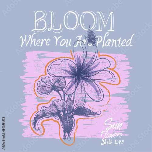 Bloom slogan with flower hand drawn  square background  vector illustration.  Daisy flower. Floral botanical flower. Vector hand drawing wildflower .