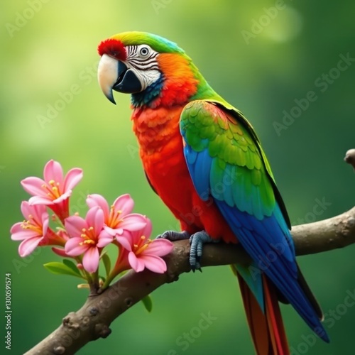 Vibrant parrot on flowering branch, soft focus background, blur, bokeh