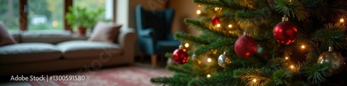 Evergreen Christmas tree with ornaments and lights in a cozy living room, tree, ornaments