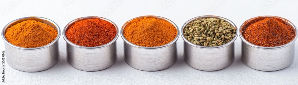 row of stainless steel spice containers filled with vibrant turmeric, chili powder, coriander seeds, and other spices row of stainless steel spice containers filled with vibrant turmeric, chili powder, coriander seeds, and other spices