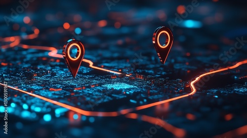 Wallpaper Mural Navigating The Digital Landscape Two Glowing Location Markers Pinpoint A Vibrant, Futuristic City At Night With Neon Blue And Orange Accents Torontodigital.ca