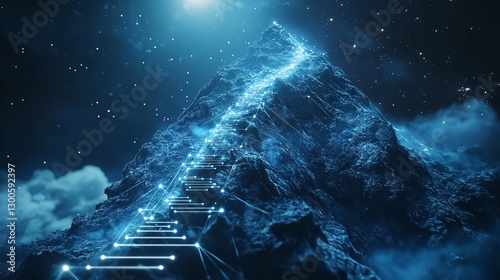 Wallpaper Mural Ascending The Digital Peak, A Journey Of Innovation Illuminated By Glowing Pathways Across A Majestic, Dark Blue Mountain Under A Starry Night Sky Torontodigital.ca