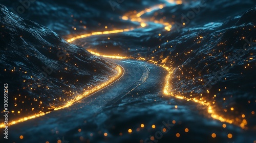 Wallpaper Mural A Winding River Of Golden Light Flows Through A Dark, Mystical Landscape At Night, Illuminating The Path With Sparkling Energy Torontodigital.ca