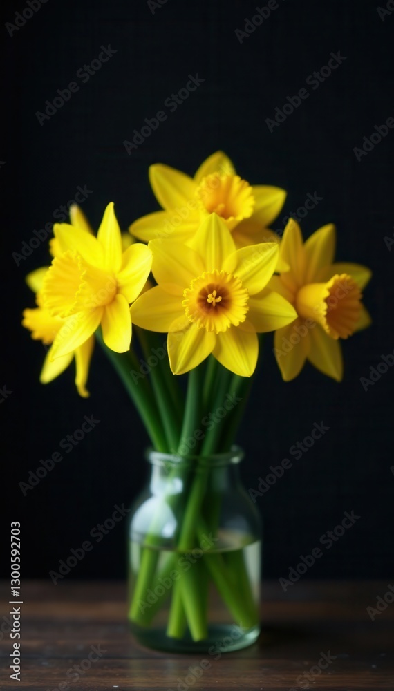 Fototapeta premium Vibrant yellow daffodils cluster in a glass vase, dark backdrop , nature, celebration