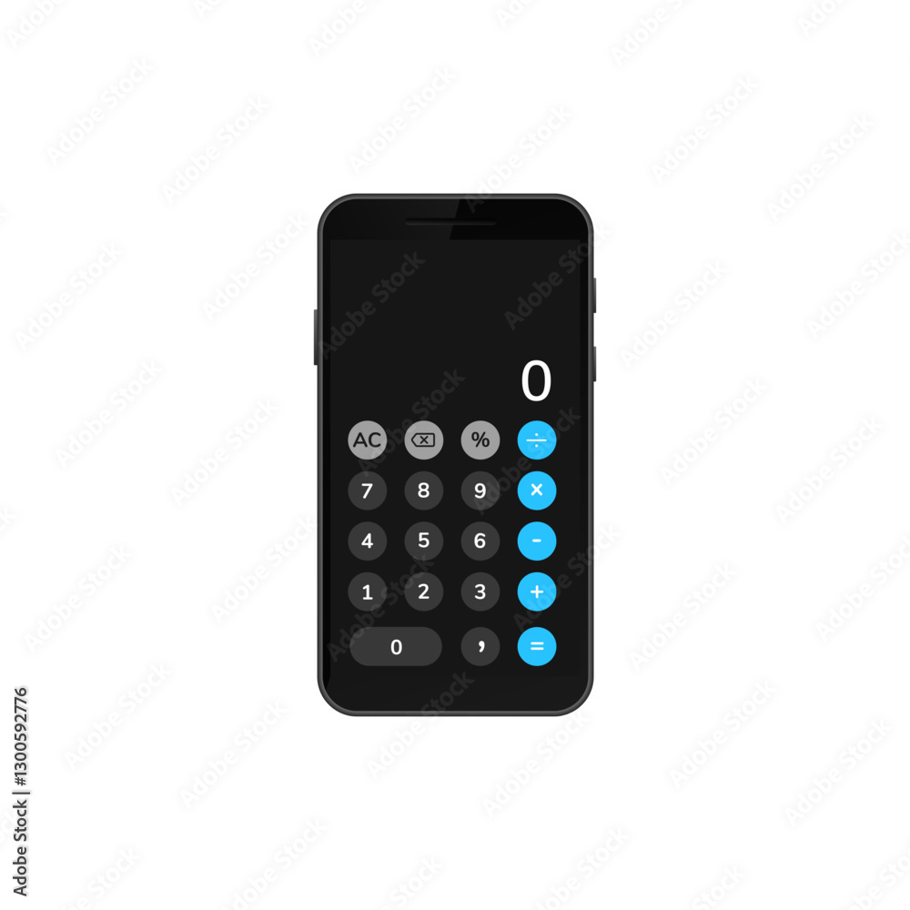 Smartphone screen showing a digital calculator app with numeric keypad and functional buttons. Smartphone screen showing a digital calculator app with numeric keypad and functional buttons.