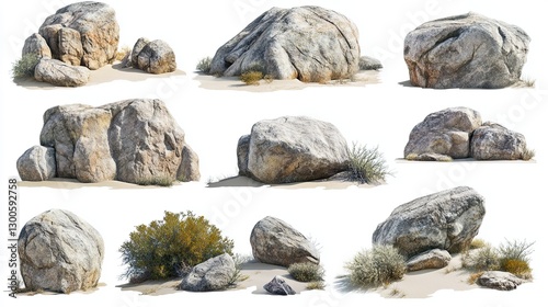 Collection of large natural boulders with rough textured surfaces isolated on a white background