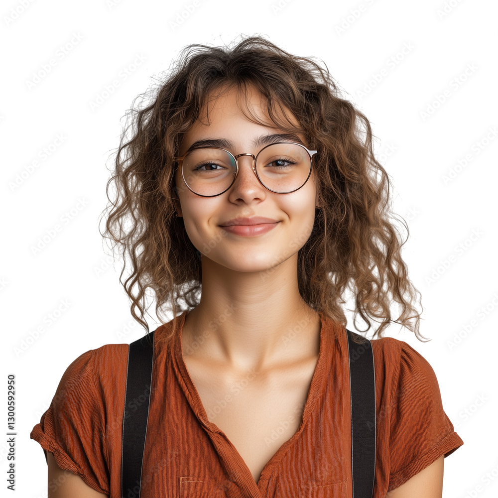 Obraz premium Portrait of a smiling female student with glasses, curly hair, and suspenders on transparent background. Ai Generate