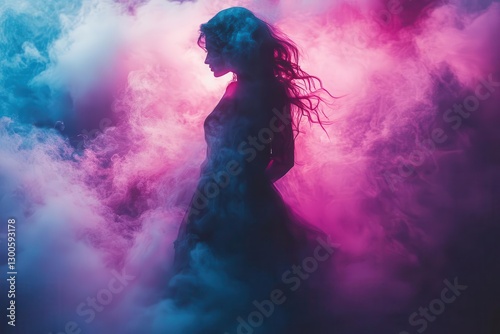 a mysterious woman in flowing neon clothing emerges from swirling iridescent smoke clouds backlit by vibrant purple and blue lighting creating a dreamlike atmosphere